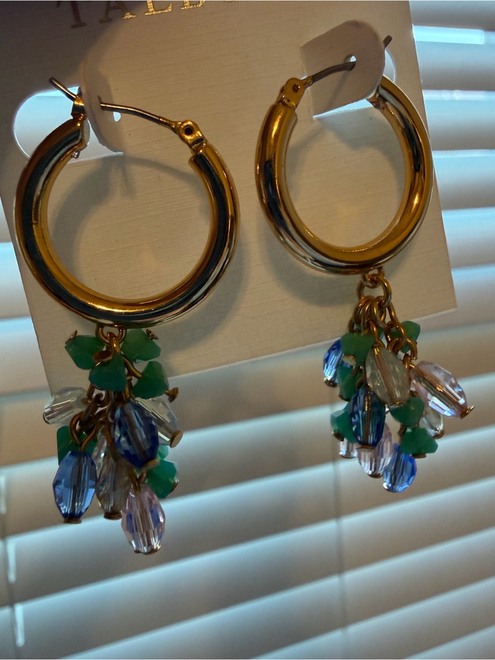 Talbots Gold Hoop Earrings with Blue, Green & Clear Beaded Tassels